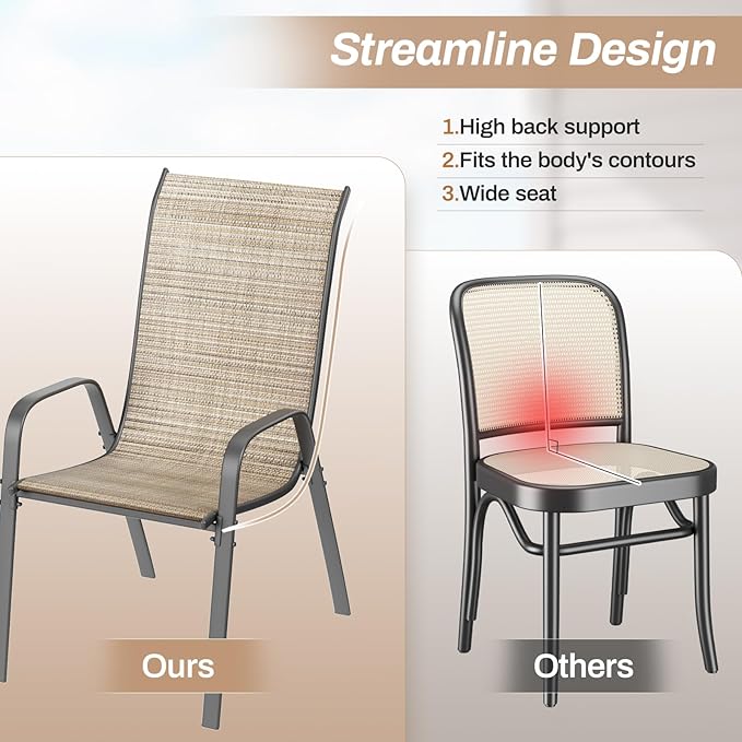 TLSUNNY Patio Chairs, Stackable Textilene Outdoor Dining Furniture for All Weather, with 17.7″ Wide Seat & Metal Frame, for Garden, Backyard, Deck, Restaurant, Poolside (8, Brown, 26.4″)