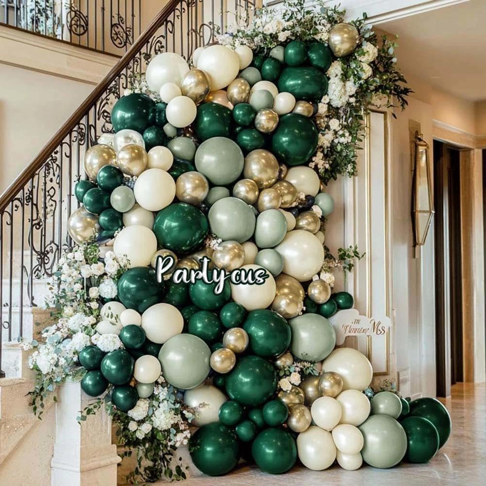 Emerald Green Gold Balloon Arch Kit Double Stuffed Dark Dusty Green Pearl White Sand Latex Christmas Balloon Garland for Birthday Wedding Anniversary Xmas Winter New Year Party Decoration