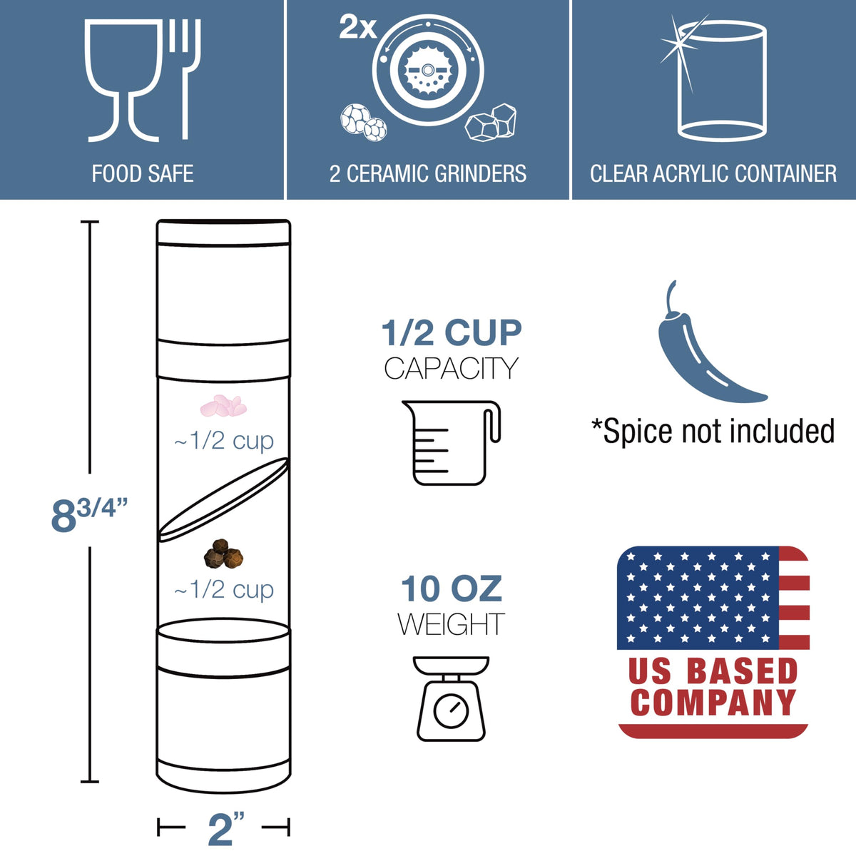 Eparé 2 in 1 Salt and Pepper Grinder Combo – Dual Space Saving for Kitchen & Dining - Manual Stainless Steel Salt and Pepper Grinder in One
