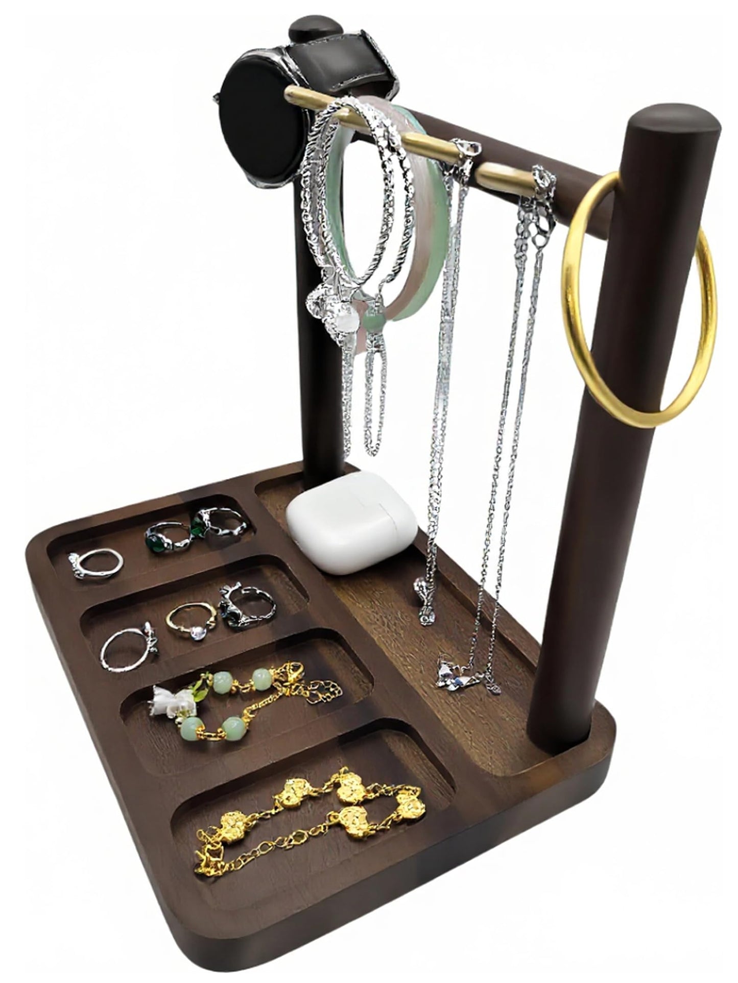 DUICIRX Jewelry Organizer Stand, Jewelry Holder, Earring Holder with 4 Hooks Necklace Organizer Wood Box for Necklace Bracelet Earring Ring (Walnut, 8.5" D x 6.1" W x 8.7" H)