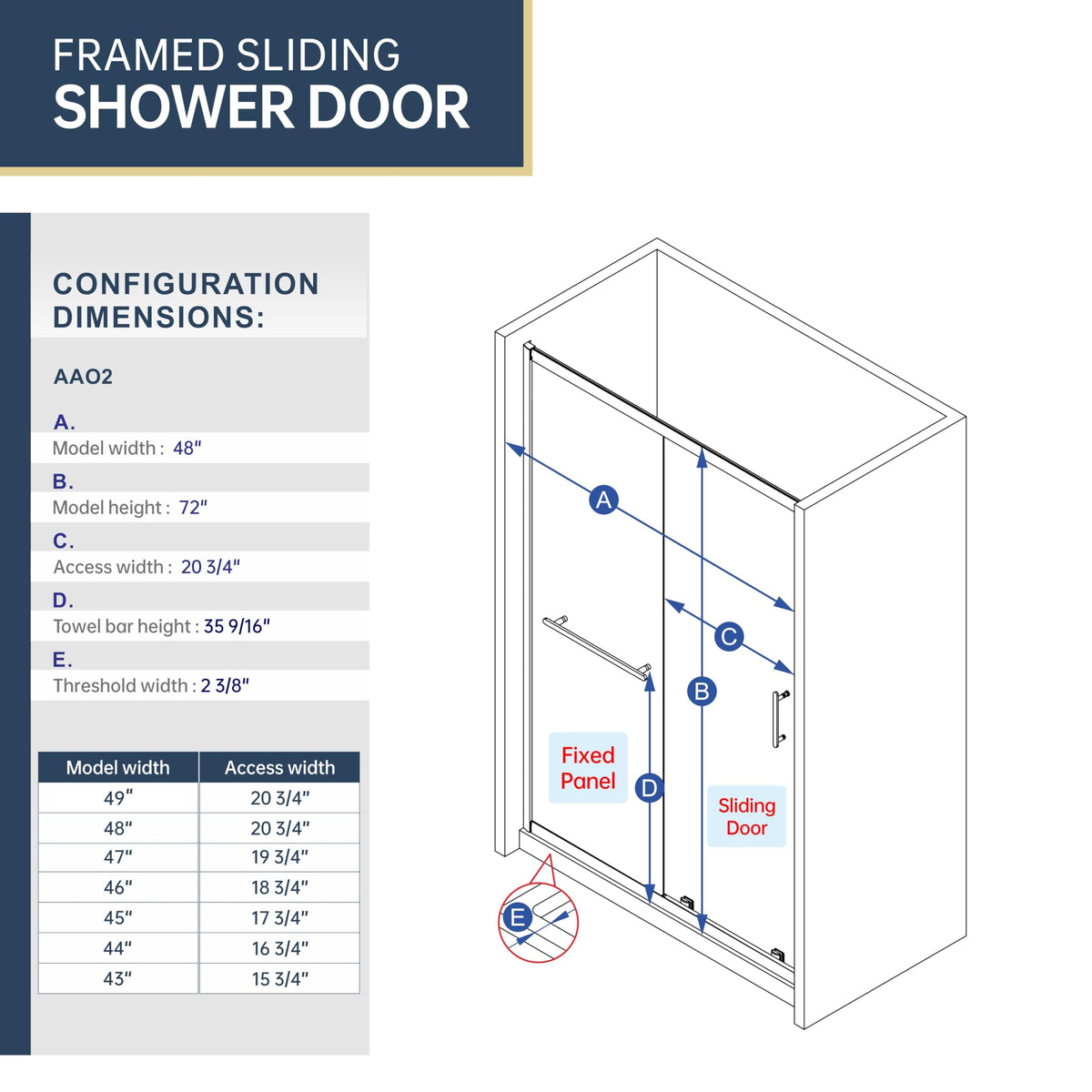 FELYL Frosted Sliding Shower Door 43-48" W x 72" H, Brushed Nickel, Single Sliding Door, Framed, 1/4" (6mm) SGCC Tempered Glass, Reversible Installation