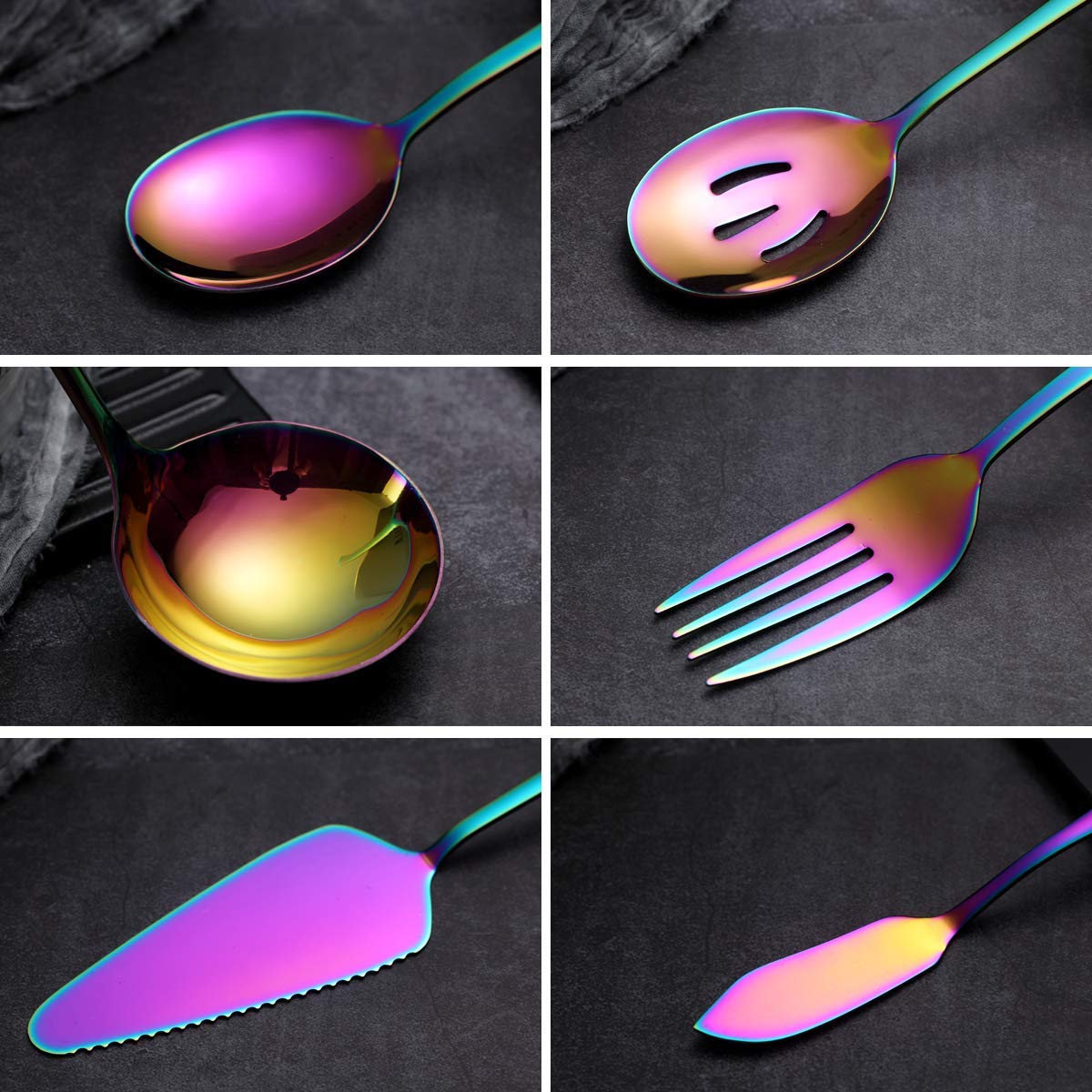 Rainbow Serving Spoons Set 6 Pieces, Serving Utensils Set Include Cake Server Slotted Spoon Serving Spoon Serving Fork Ladle Butter Knife Spreader Serving Set Dishwasher Safe