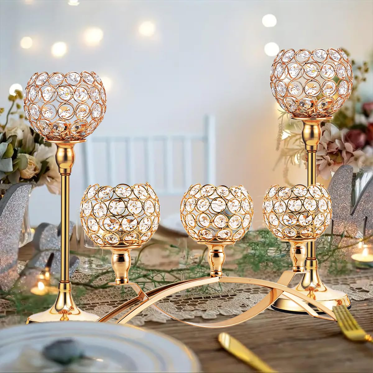 VINCIGANT Set of 3 Gold Candle Holders Wedding Table Centerpieces,Tealight Candlestick Candelabra Stand with 3 Arms for Fireplace Home Living Room Decor,Valentine's Day Housewarming