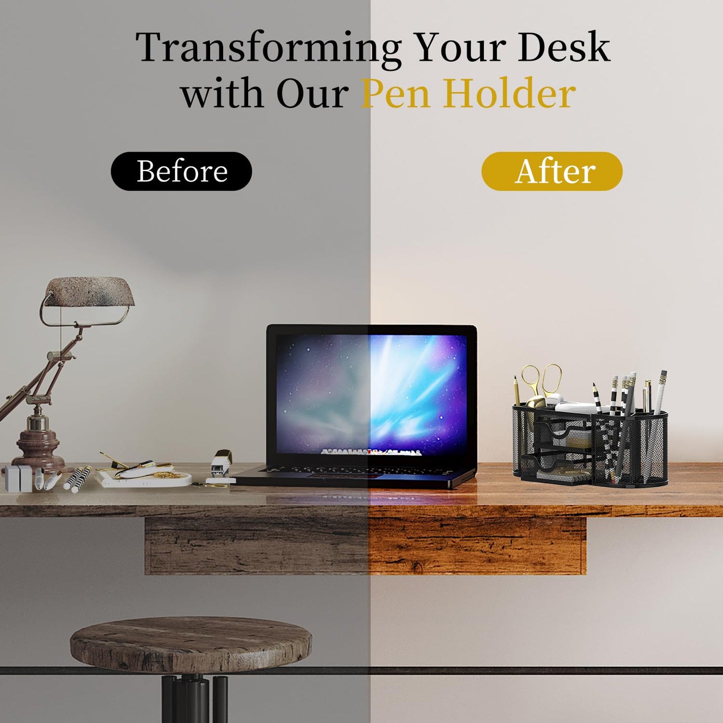 SUPEASY Mesh Desk Organizer, Desk Organizers and Accessories, Pen Holder with Drawers, Pencil Holder for Desk with 2 Drawer for Office Supplies, Black