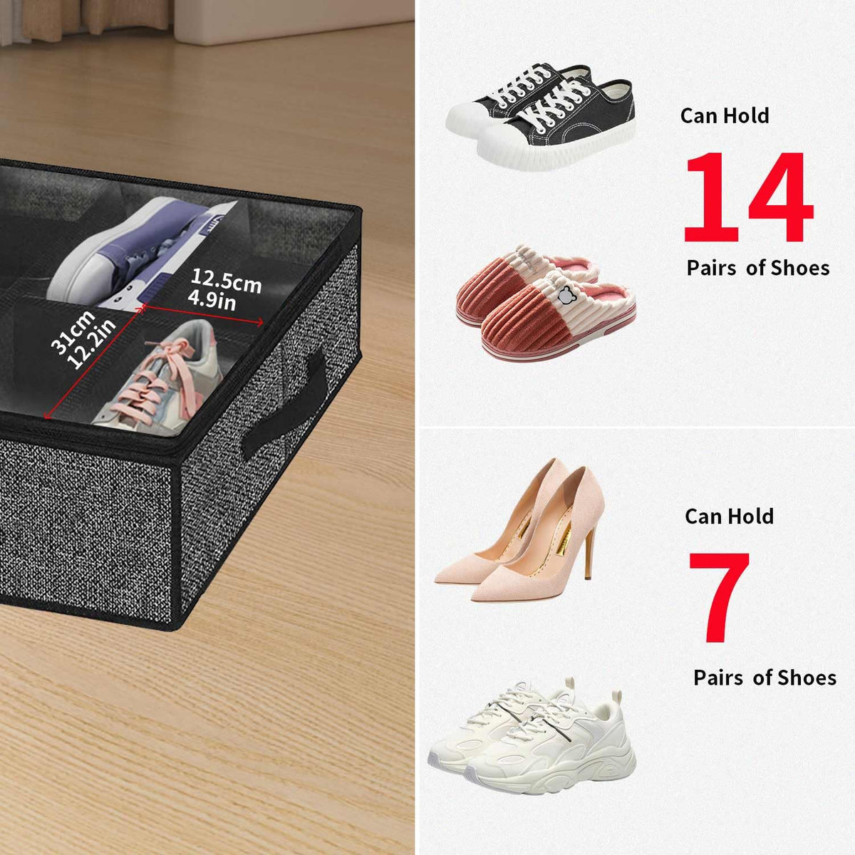 Onlyeasy 2 Pack Under Bed Shoes Storage Bag Organizer (14+4 Pairs), Collapsible Shoe Boot Container with Handles, Underbed Storage Solution for Kids & Adults, 86x60x15cm, Linen-like Black, MXAUBS14S4