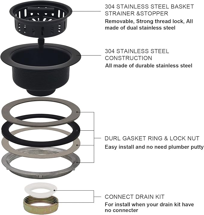 3-1/2 Inch Matte Black All Stainless Steel Kitchen Sink Drain Strainer Assembly