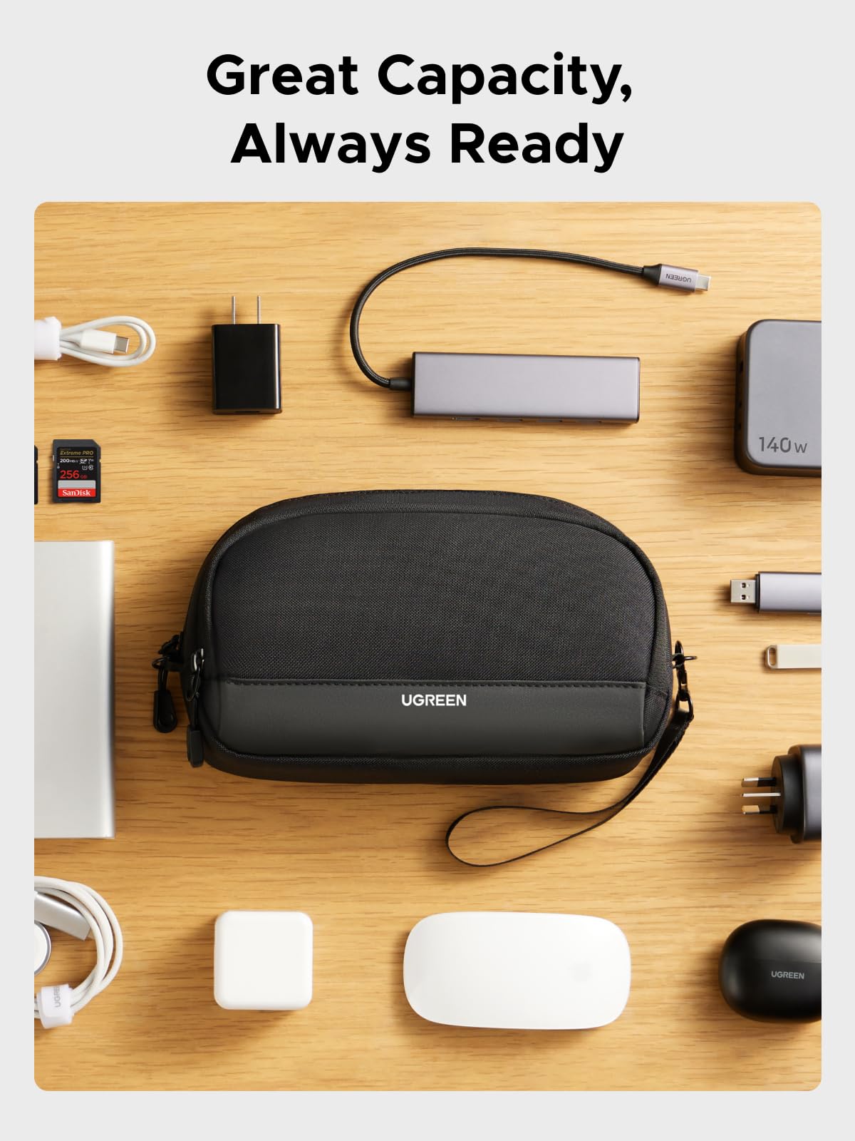 UGREEN Travel Tech Pouch, Cable Organiser Bag, Travel Essentials Organiser, Water Resistant, Internal Zipper Layers, Carry Storage Bag for Power Bank, Charger, Adapter, Cable, HDD, Daily Items(M)