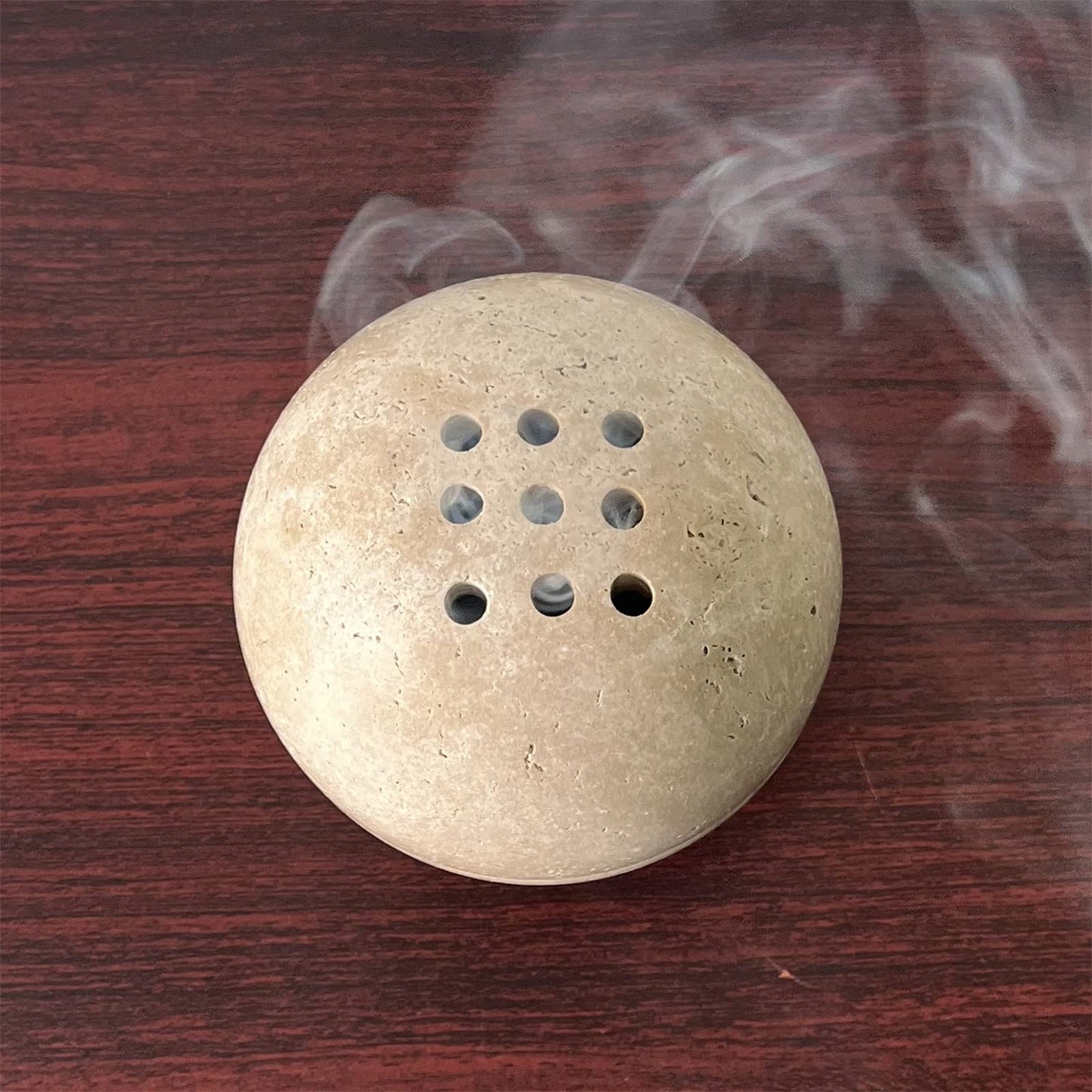 SAIDKOCC 9 Holes Handmade Natural Marble Round Incense Burner Holder for Meditation Decorative Room/Kitchen/Coffee Shop (Beige Travertine Stone)