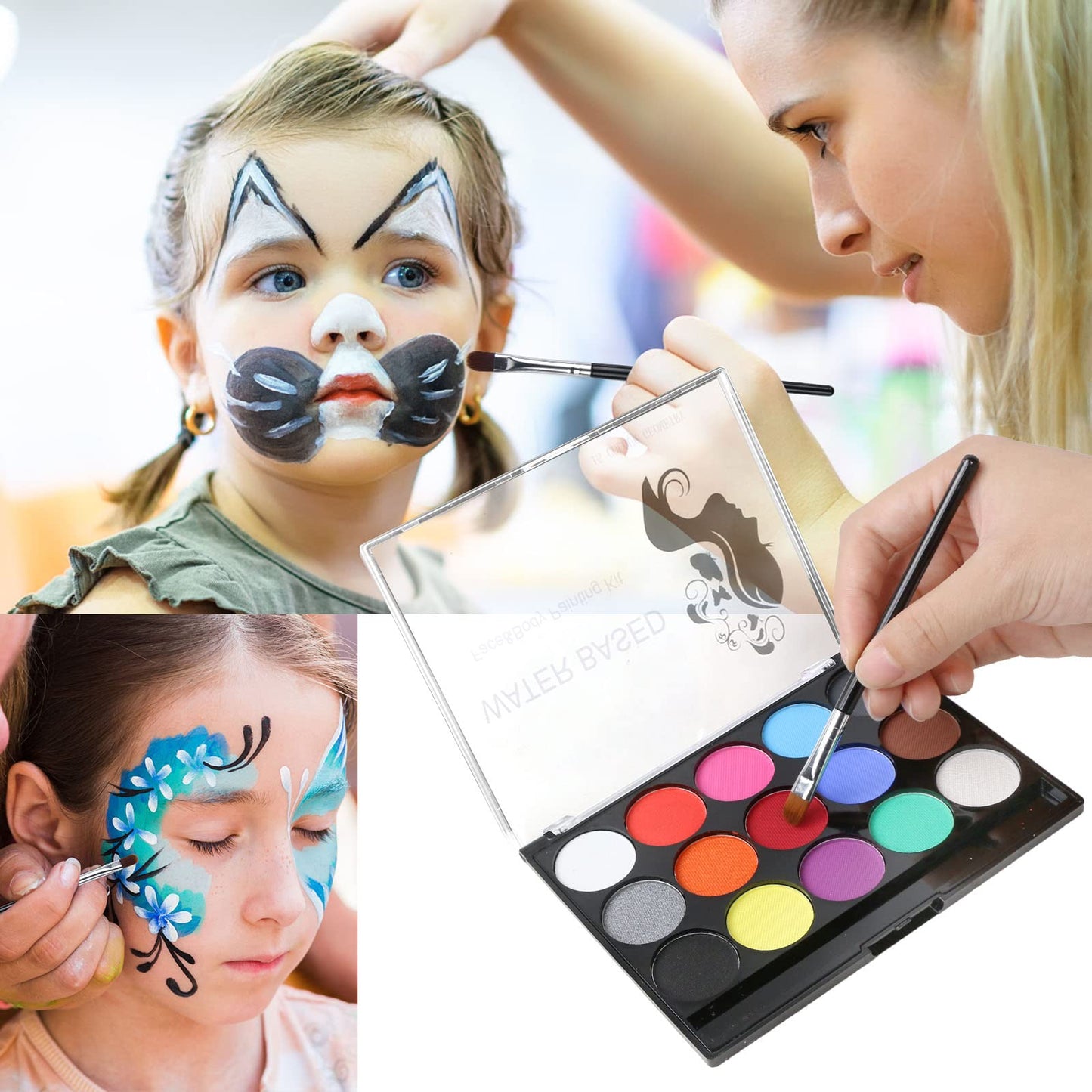 URAQT Face Paint Kit, 15 Color Face Painting Palette with 2 Brushes 32 Stencils, Washable Face Paints Safe Body Paint for Adults Kids Halloween Party Carnival, Makeup Paint Non-Toxic to Use
