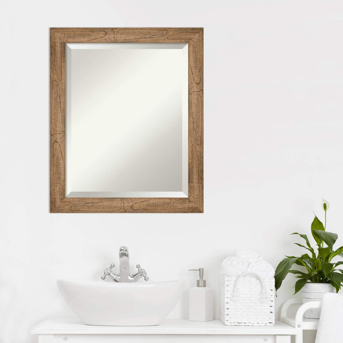 Amanti Art Brown Bathroom Mirror for Over Sink, 24x20 Owl Brown Narrow Rectangle Vanity Mirror, Small Rustic Farmhouse Wood Frame, Hangs Horizonally and Vertically, Bathroom Wall Decor, Beveled Edge