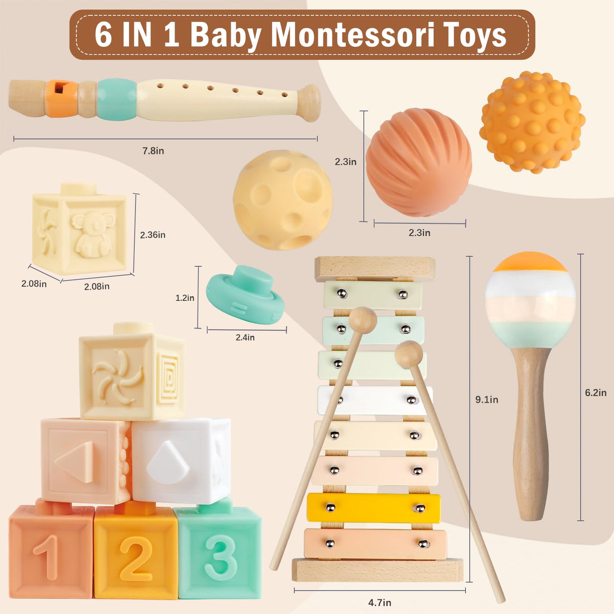 Montessori Baby Toys 6 in 1, Wooden Musical Instruments Xylophone 6 Months+