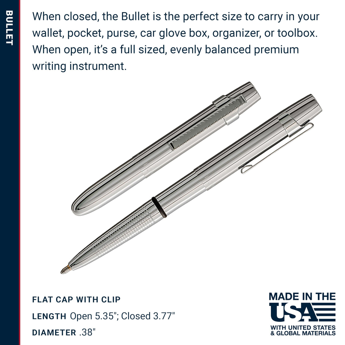 Fisher Space Pen Chrome X-Mark Flat Cap Bullet Pen, Pressurized Ballpoint Pen, Compact Size, Writes Upside Down, Extreme Temperatures, Black Ink, Medium Point, Pocket Clip, Gift Box, Made in the USA