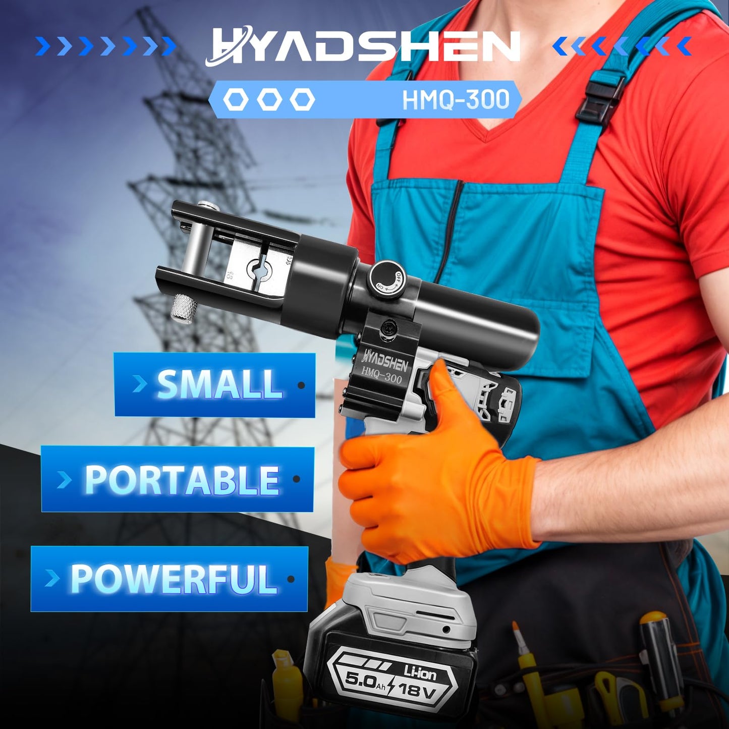 HYADSHEN Electric Hydraulic Cable Lug Crimping Tool, Hydraulic Electrical Terminal Cable Lug Wire Crimper Rechargeable Crimping Tool Kits with 11 Dies, 6 AWG to 600 MCM(HMQ-300)