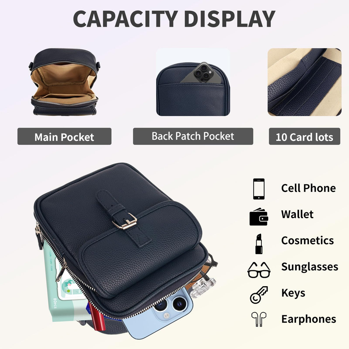 Crossbody Leather Bag,Double Layer Large Capacity Messenger Bagfor Women,Retro Faux Leather Built in Anti Theft Bag(Navy)