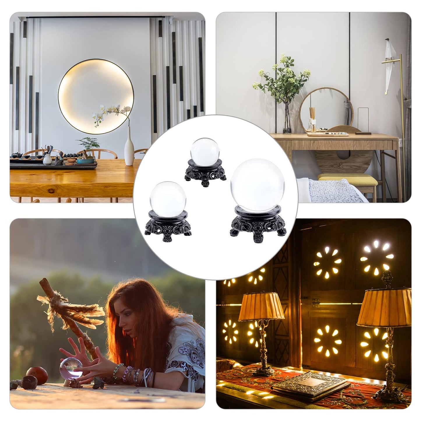 AHANDMAKER 3 Pcs Black Crystal Ball Display Stand Pedestal, 3 Size Small Resin Sphere Stand Gazing Ball Holder Pendulum Plate Stand for Display Crystal Ball Stone Quartz Ball Orb Home Table Decor