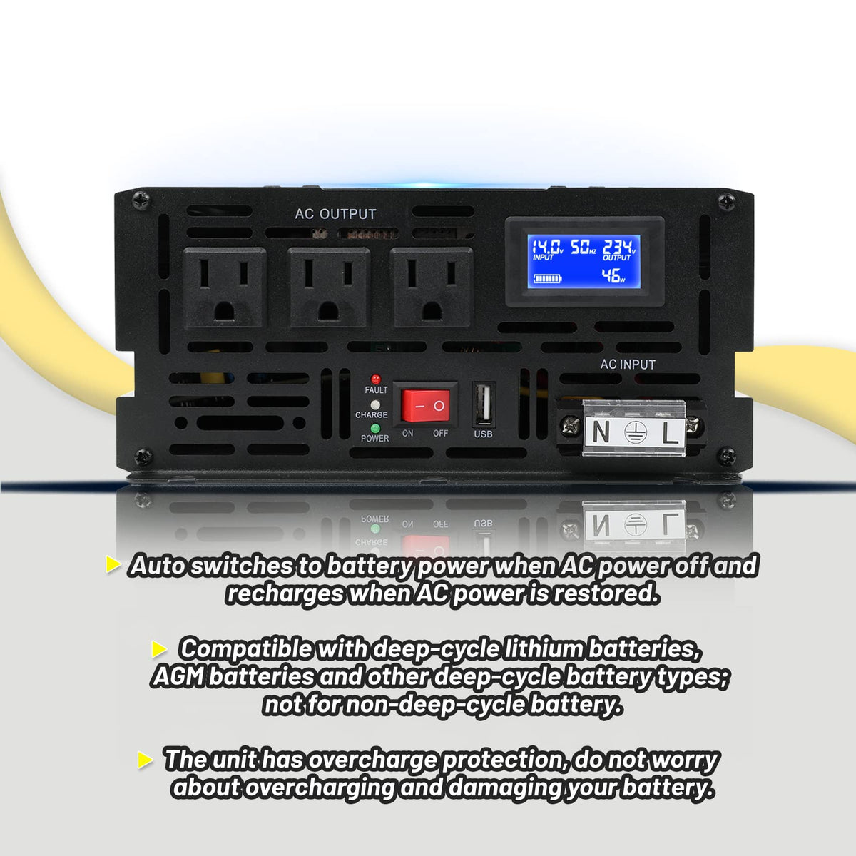 Miumoon 2000W Primary Sump Pump Backup System, Basment Protection Backup Inverter, Black, LCD Display, Auto Switches for Continuous Sump Pump Operation, Basement Emergency and Power Outage Backup