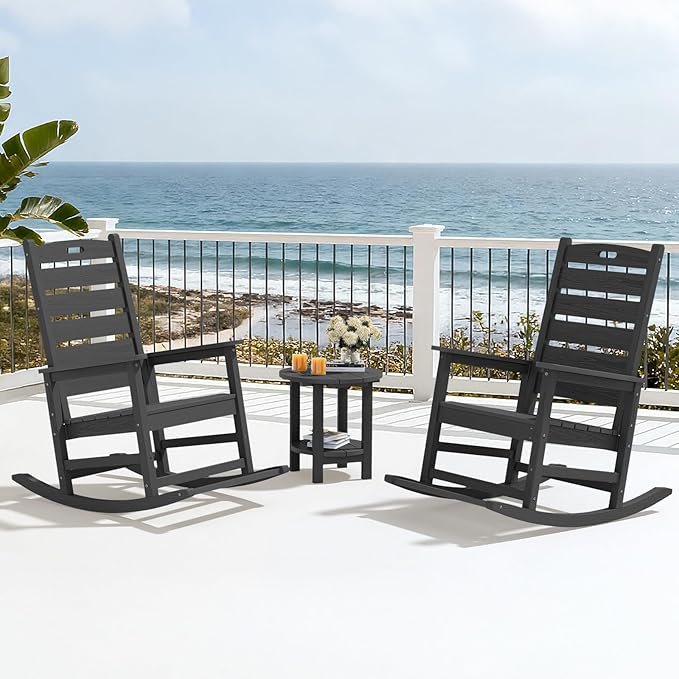 SERWALL Outdoor Rocking Chair Set of 4, Oversized HDPE Patio Rocking Chair with Footrest for Adults, All Weather Porch Rocker for Deck Patio Balcony, Gray