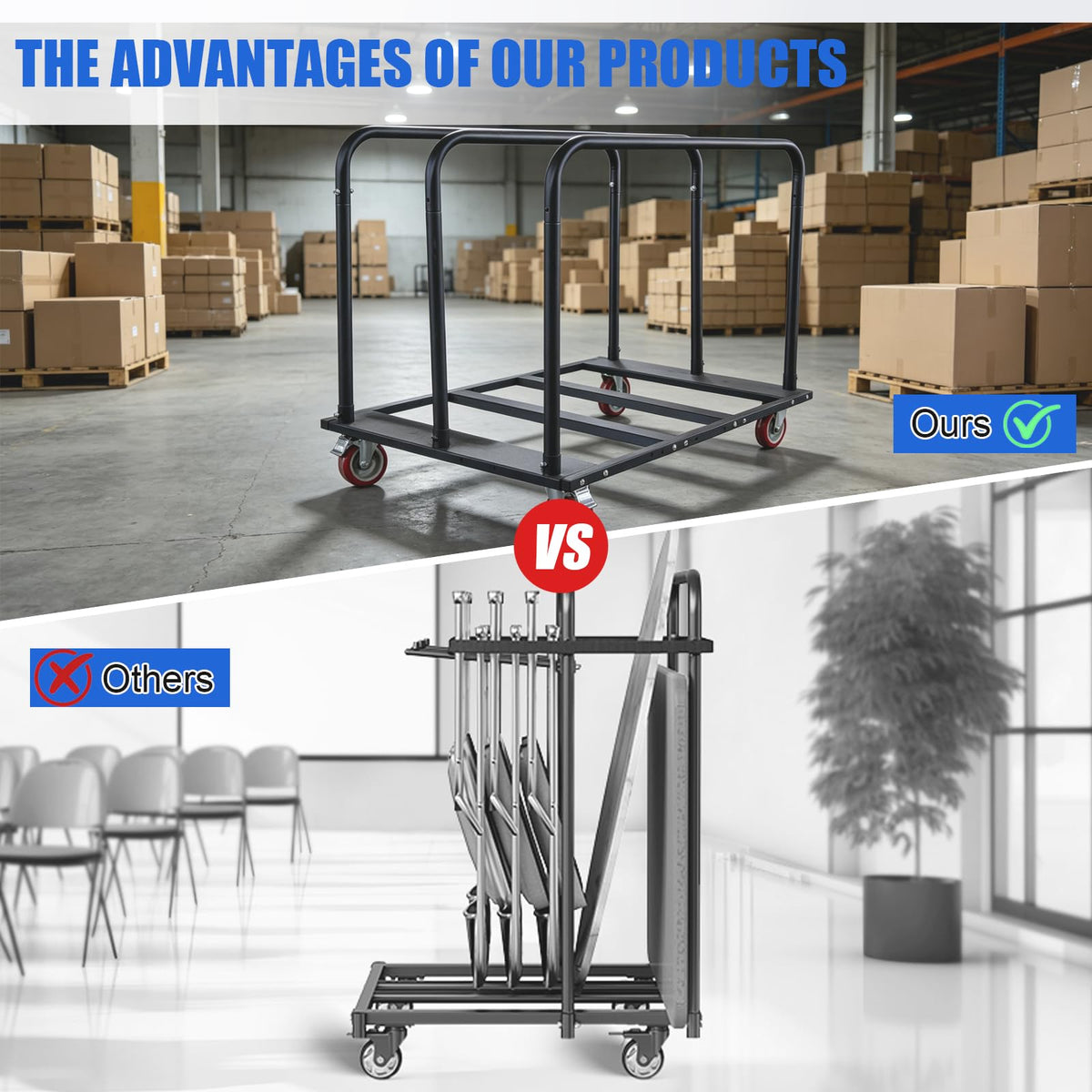Folding Table Cart, Heavy Duty Table Dolly with 5" PU Swivel Wheels, 1800 LBS Capacity Drywall Trolley, 10 Table Load for Party Events, Hotel, Warehouse, Factory, Moving Panels, Drywall, Boxes