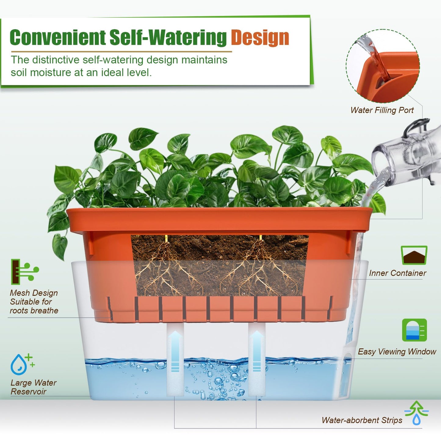 Fayavoo Self Watering Plant Pots, Set of 3 10.5 Inch Rectangular Windowsill Herb Planter Box, Modern Plastic Flower Pots for Indoor Outdoor Garden Office Patio, Planters with Drainage Hole Hidden Tray