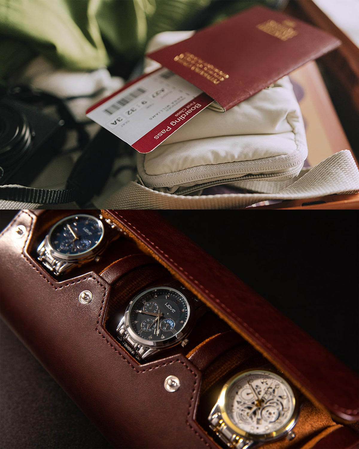 MR.OKAY 3 Watch Travel Case- Classic Leather Watch Case With Perfect Texture.Portable Watch Roll Or Organizer For Storage And Display. Luxury Gifts For Men, All Handmade by Artisans.