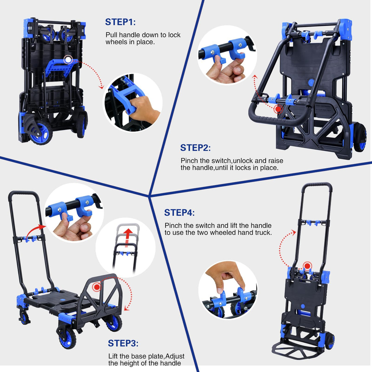 2-1 Folding Hand Truck Dolly,330LBS Capacity Dolly Cart,Foldable Dolly Hand Truck with Retractable Handle and 4 Rubber Wheels,Hand Cart Foldable for Luggage/Travel/Office/Moving