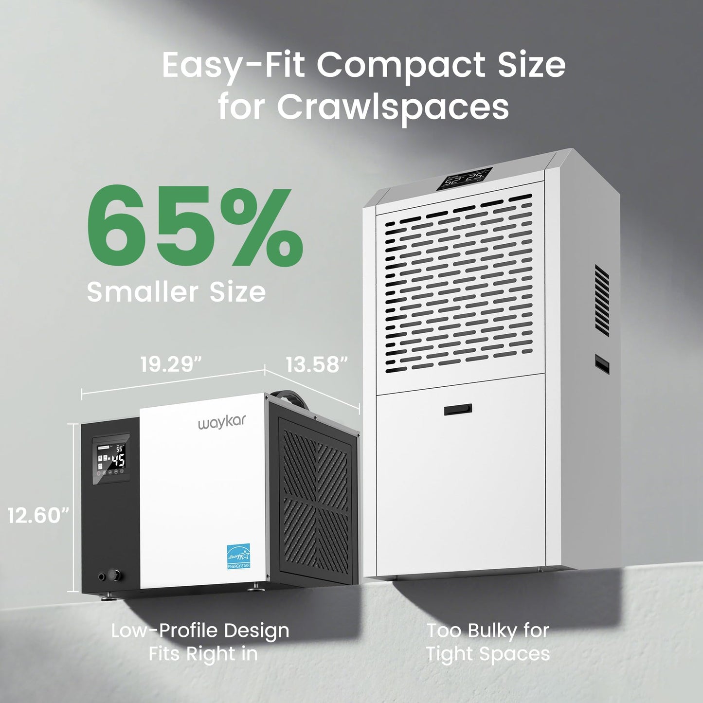 Waykar 70 Pint Energy Star Crawl Space Dehumidifier with Pump & Drain Hose for Basements, Commercial & Water Damage Spaces up to 5000 Sq. Ft., Compact, Strong Dehumidification, 5-Year Quality Coverage