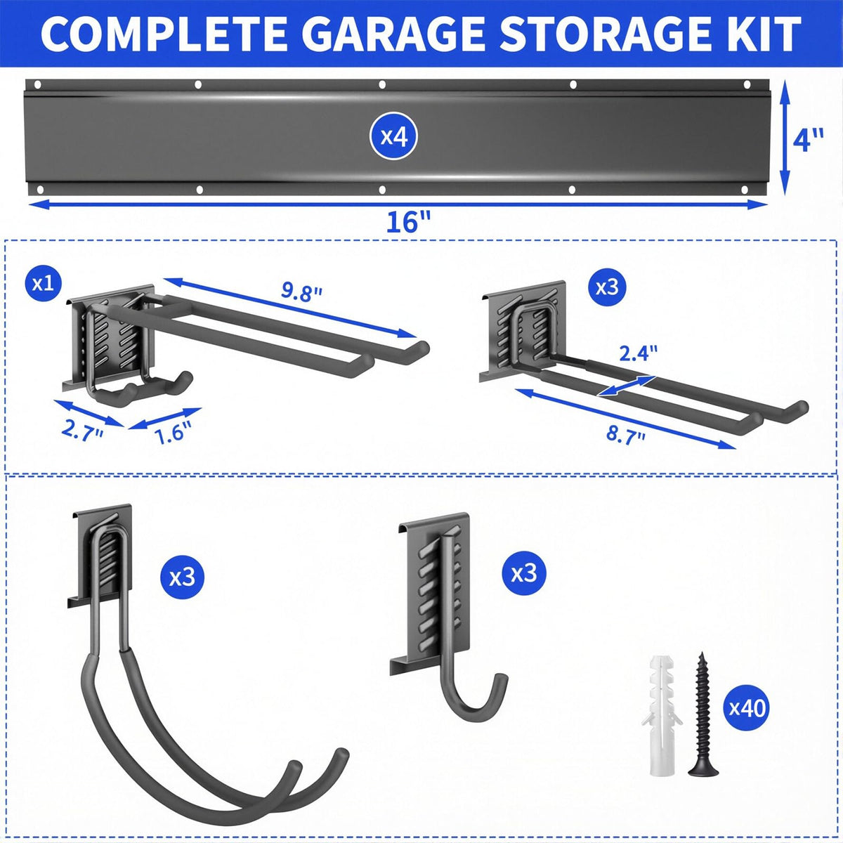 CRXCRC Shed Tool Organizer Wall Mount, 64inch Heavy Duty Garden Tool organizer Storage System, Easy Install With 10 Adjustable Hooks, For Garage, Basement, Shed, Workshop(Black)