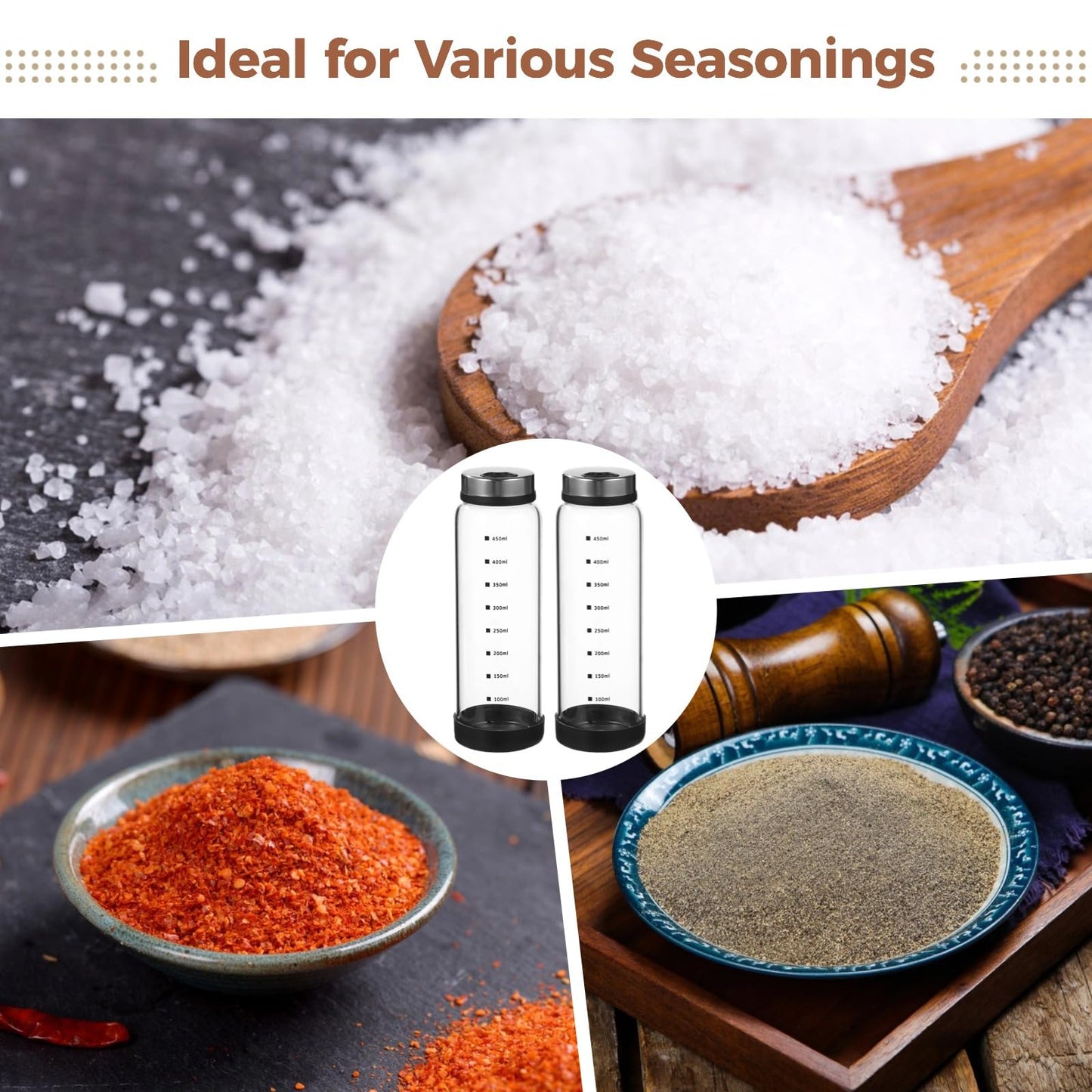4 Pcs Salt & Pepper Shakers, Large Glass Spice Jars with Adjustable Pour Holes, Spice Dispensers with Non-skid Silicone Bases, Seasoning Jars with Rotating Steel Lids for Kitchen(500ml)