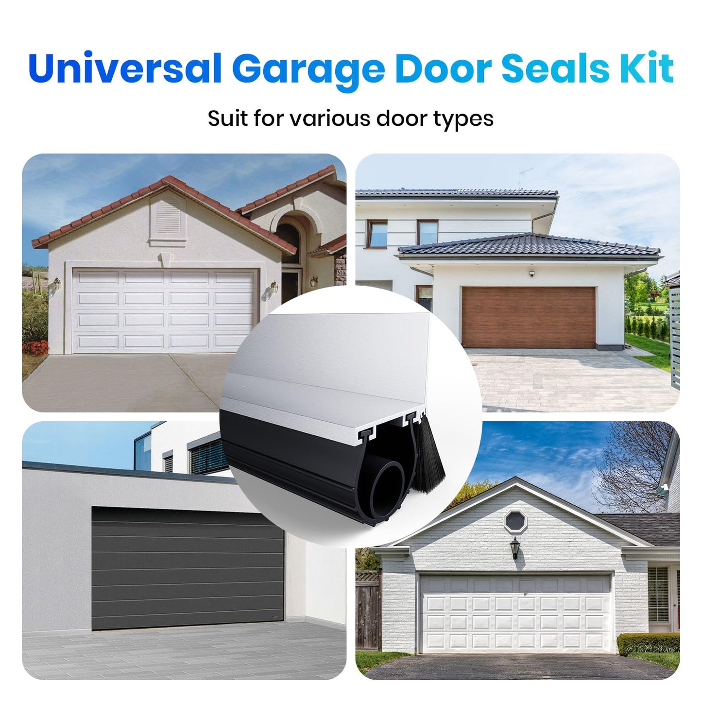 Professional Garage Door Seal Kit Fit for Steel/Wood Doors, Aluminum Garage Door Seal Track with 2" Brush+u+o EPDM Rubber Weatherstrip Dust & Heat Resistant,-40°f to 240°f, Pre-Drilled Holes (16.5 Ft)