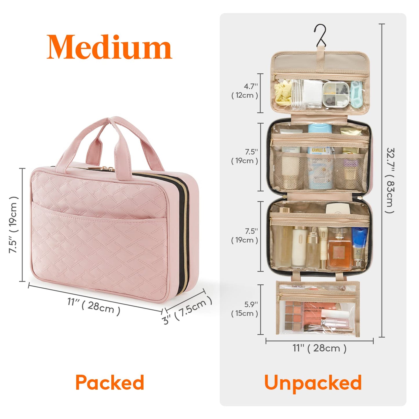 Lifewit Travel Toiletry Bag, Large Hanging Makeup Bag Organizer for Women, Transparent Travel Cosmetic Bag with Hanging Hook for Full Size Bottles, Vacation Essentials, Medium, Pink