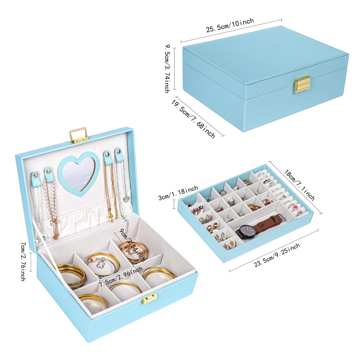 Dajasan Jewelry Box for Teenage Girl Gifts, Jewelry Organizer Box for Little Girls Kids, 2-Layer Large Jewelry Gift Box for Christmas, Valentine's Day, Birthday, Mother's Day (Blue)