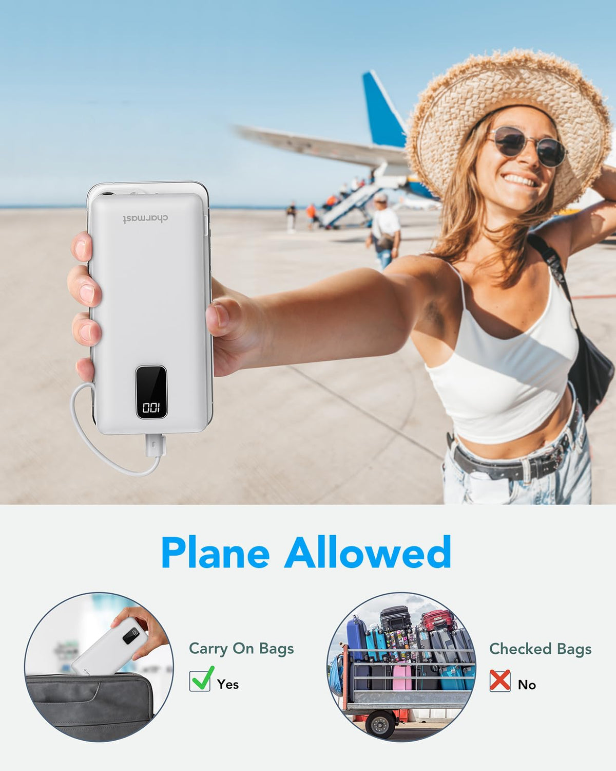 charmast Portable Charger with Built-in Cables and Plug, 10000mAh USB C Power Bank Fast Charging, External Battery Pack Slim, Travel Essentials Compatible with iPhones, Samsung Galaxy, iPad