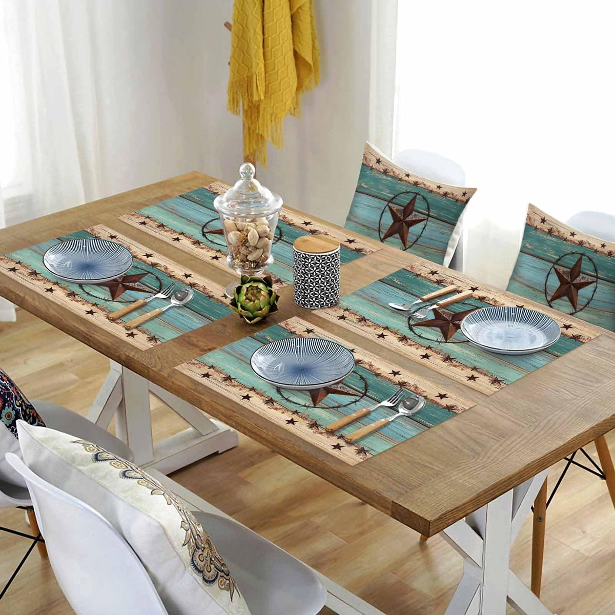 Western Texas Star Placemats Set of 6 Retro Turquoise Wooden Rustic Farmhouse 13x19 Inch Washable Non Slip Linen Table Mats, Rustic Summer Placemats for Dining Table Party Kitchen Decor