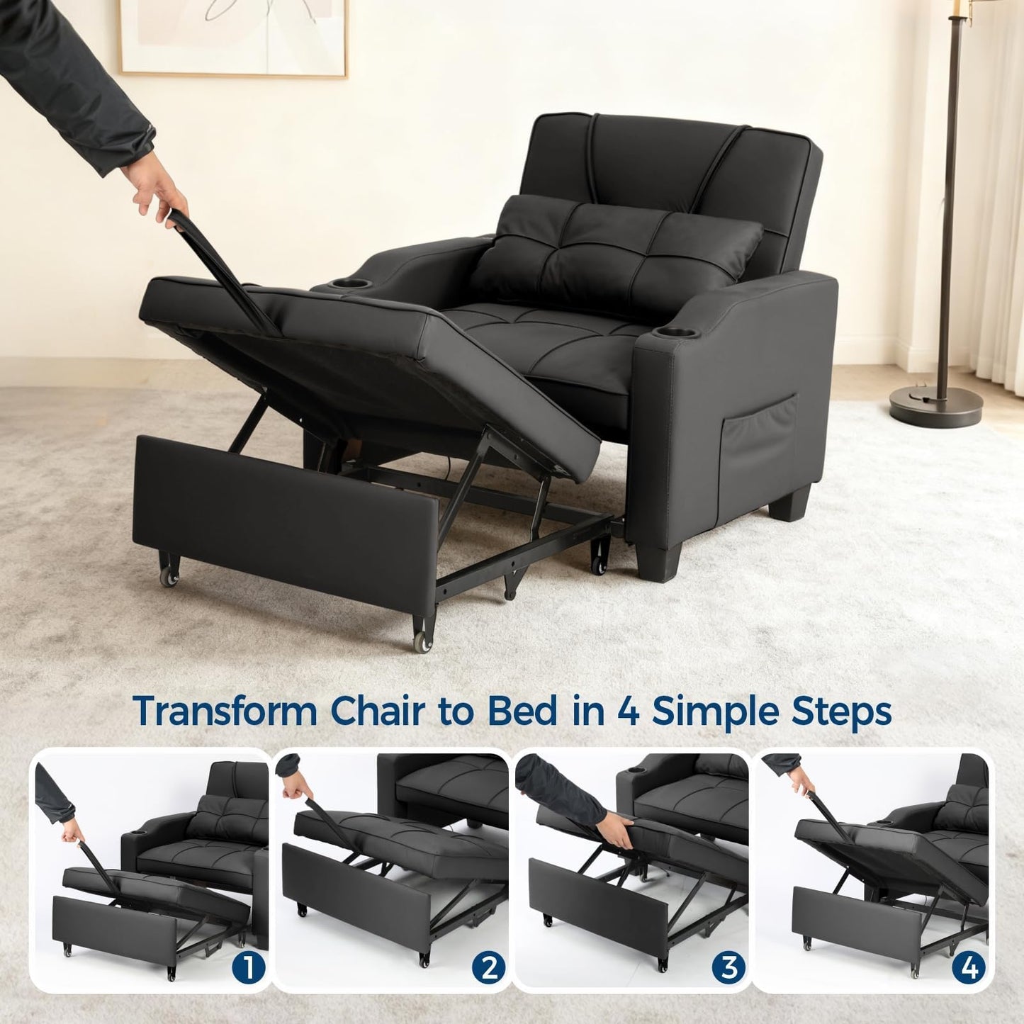 Sleeper Chair Pull Out Bed, 4 in 1 Convertible Sofa Chair Bed with Vibration Massage Lumbar Pillow, Single Sofa Recliner with USB/Type-C Port, Cup Holders and Side Pocket for Small Spaces (Black)