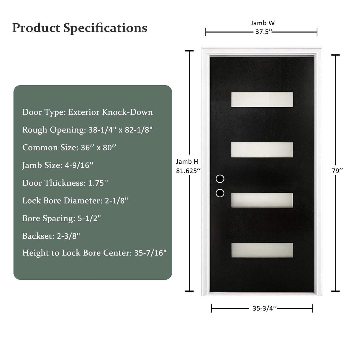 Fiberglass Entry Door 36x80'', French Exterior Door Right Hand Inswing Black Finished Frosted Glass Knock-Down Door, Vinyl Frame and Brickmould Included