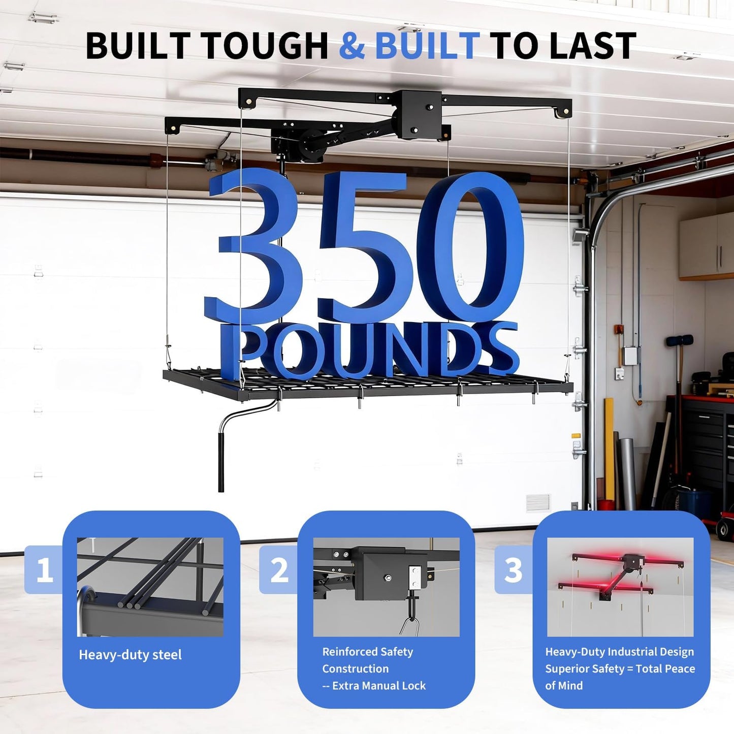 MilleLoom Garage Ceiling Storage Racks 4x4 ft, Manual Hand Crank Overhead Garage Storage Rack Lift, Heavy-Duty Carbon Steel Ceiling Mounted Storage Rack, Adjustable Height, 350 Lb Capacity