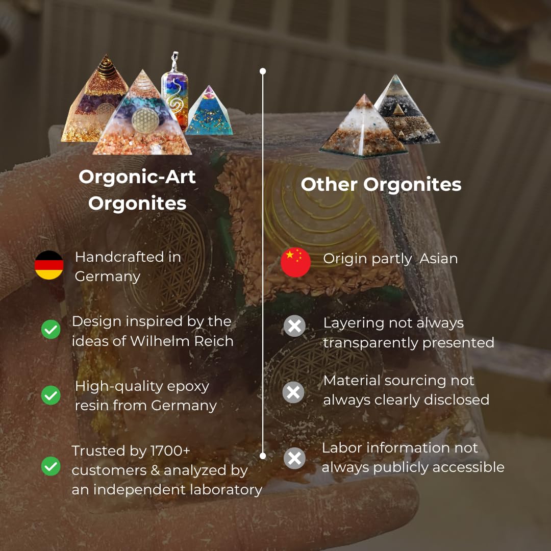 ORGONIC-Art Orgonite Pyramid – Inspired by Wilhelm Reich with Rock Crystal & Brass Leaf, a Symbolic Design Object for consciously Shaped Spaces in Today’s Modern Environment of WLAN, 5G & More