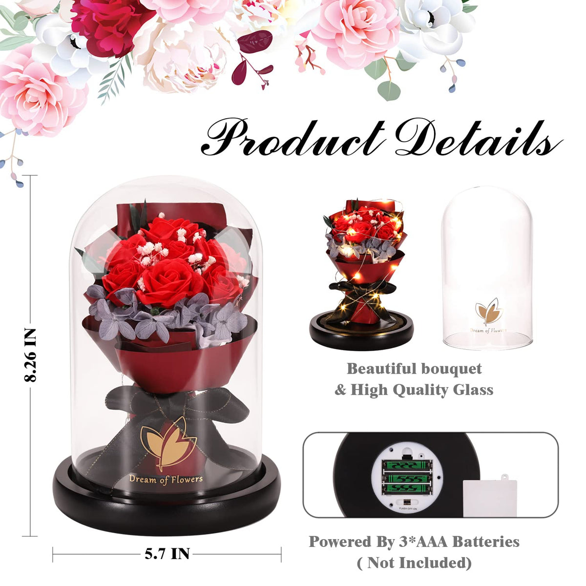 Valentines Day Gifts for Her-Beauty and The Beast Rose,Lasts Forever Red Roses,Light Up Rose in Glass Dome,Gifts for Women,Birthday Gifts for Mom,Wife,Grandma,Anniversary,Mothers,Thanksgiving