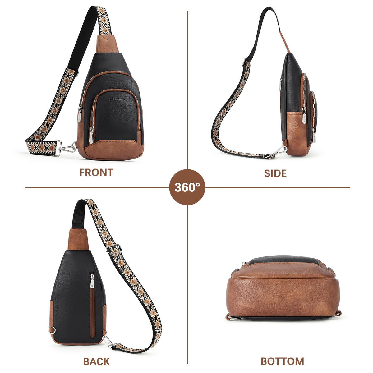 BOSTANTEN Sling Bag for Women Leather Crossbody Bag Vintage Cross Body Purse for Travel with Guitar Strap, Bohemian Style