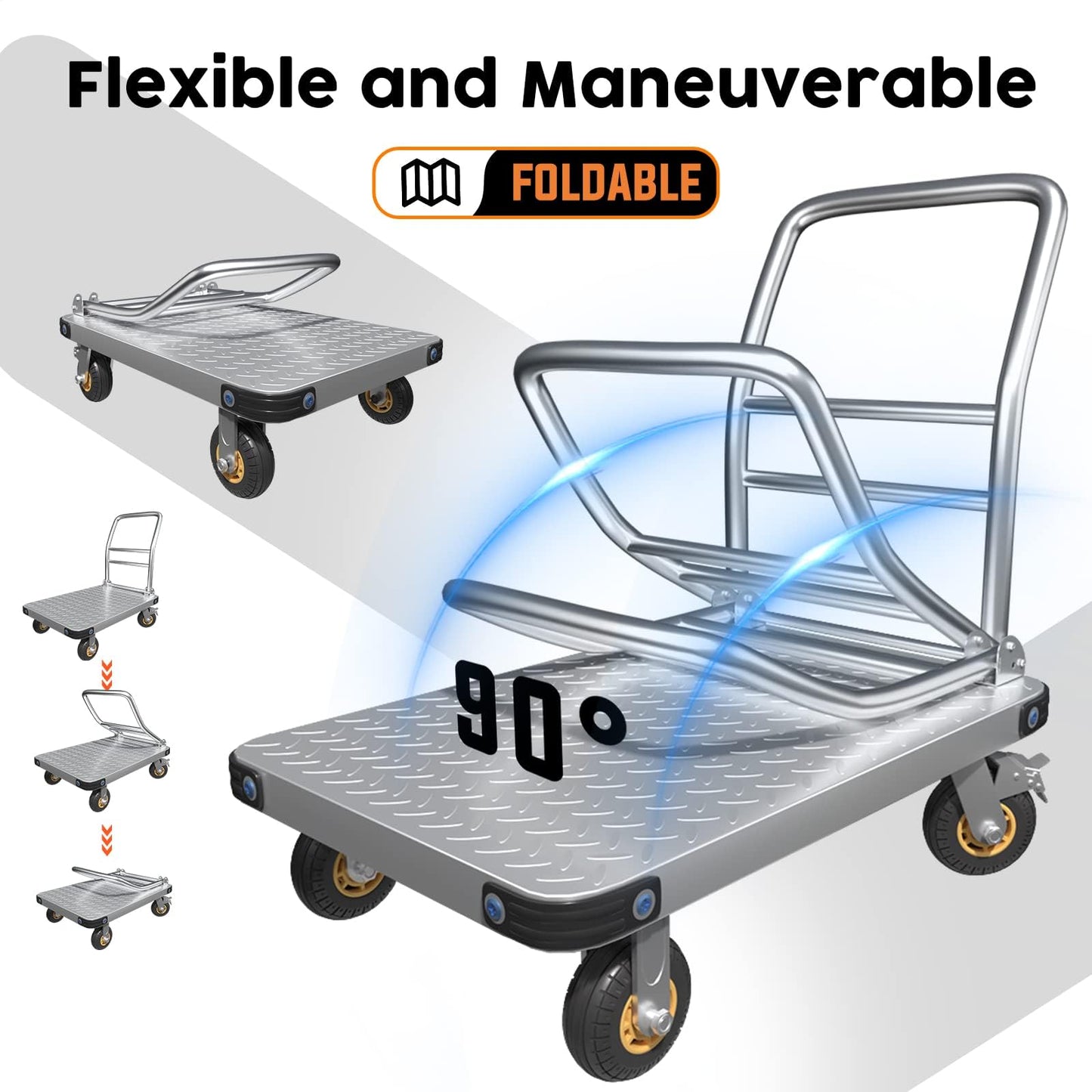 Lomive Heavy Duty Platform Truck Flat Moving Cart Hand Trucks, 2600Lbs Steel Push Cart Dolly, 48 x 24in Large Flatbed with 6'' 360 Degree Swivel Wheels for Easy Storage