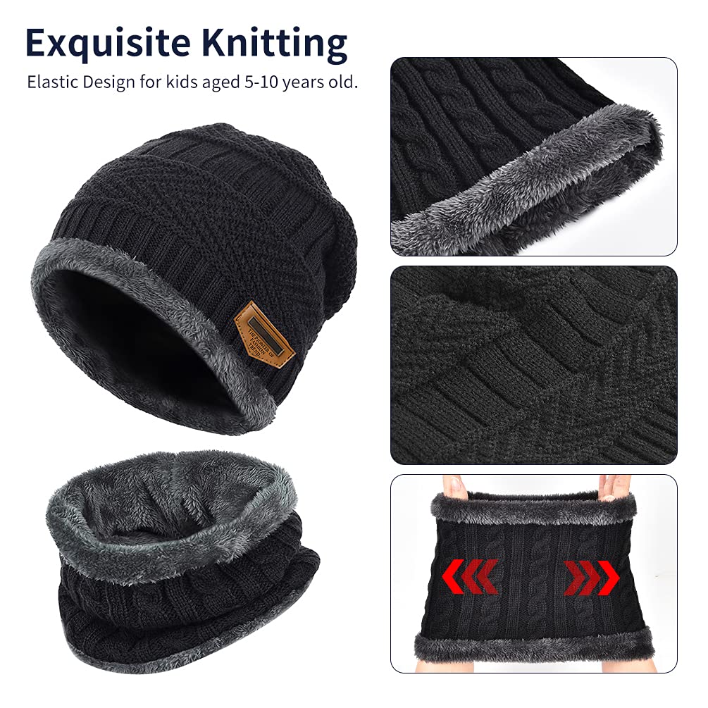 Kids Winter Hat Scarf Gloves Set - Warm Thermal Knitted Beanie Cap Snood Neck Warmer Touchscreen Anti-slip Mitten Outdoor Sports Soft Fleece Lining Elastic for Children Boys Girls Black Aged 5-10