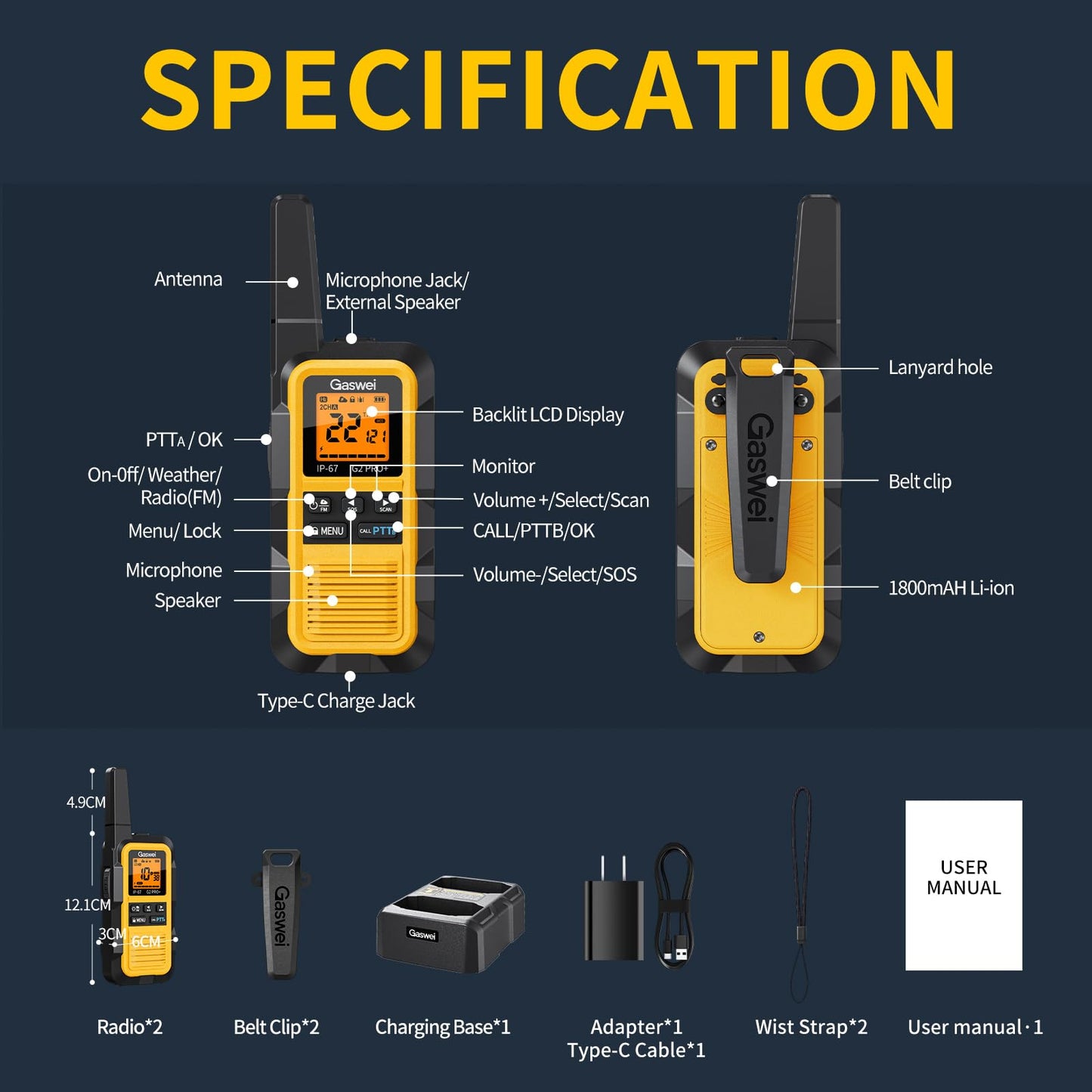 Gaswei G2pro+ IP67 Waterproof Floating Heavy Duty Walkie Talkies Long Range for Adults FRS Double PTT,FM radio,SOS,NOAA weather Rechargeable Two Way Radios 2 watts,VOX,Li-ion Battery (2 Pack - Yellow)