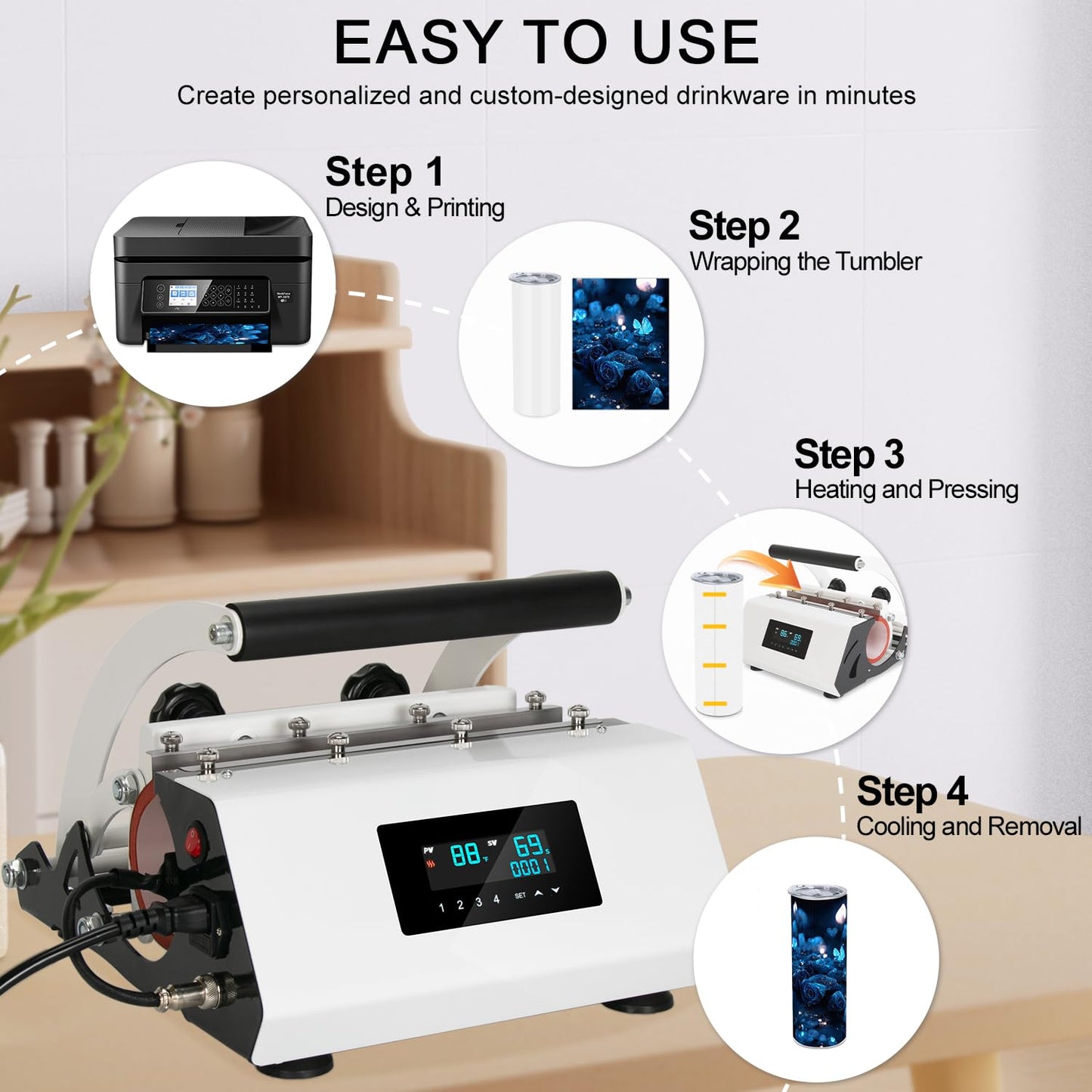 YAHOPE Tumbler Heat Press Machine Sublimation for 11-30oz Mug Tumbler Cup with Sublimation Paper Heat Tape and Glove - White