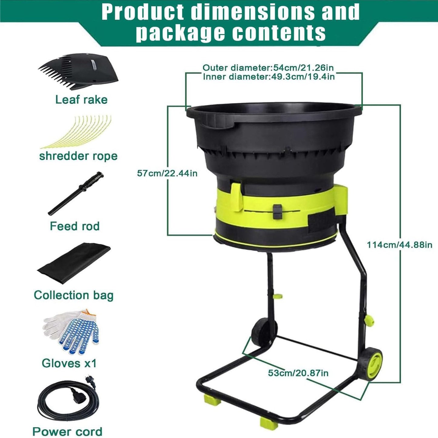 2500W Garden Shredder, Electric Wood Chipper, Crush up to 54mm, 3600rpm Speed, Power Cable, Reversible Steel Blades with Collection Bag for Garden Debris, Leaves and Branches,noPowercord
