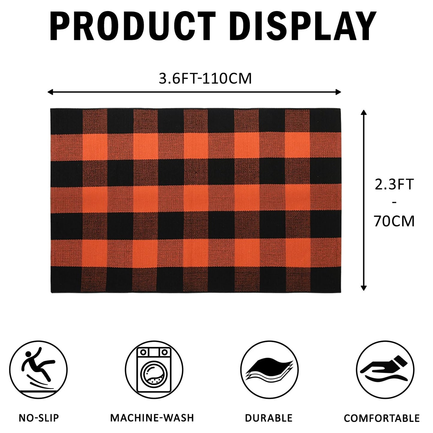 WAYYE Buffalo Plaid Outdoor Rug Checkered Area Rug Washable Doormats Indoor Outdoor Rugs for Layered Front Door Mats, Porch, Entryway, Kitchen, Farmhouse (Orange and Black Plaid, 2'3'' x 3'7'')