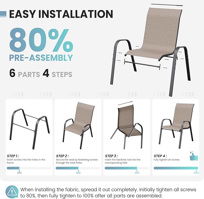 Patio Dining Chairs Set of 8, Outdoor High Stacking Chairs,Breathable Seat Fabric and Alloy Steel Frame for Backyard, Porch, Garden, Sunroom (Light Brown)