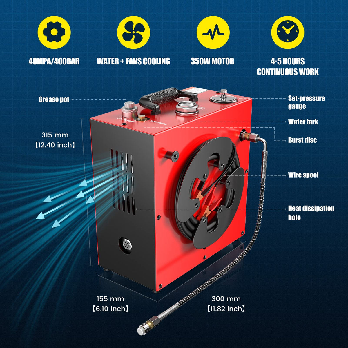 GX PUMP GX-E-CS4 Portable PCP Air Compressor, 350W Powerful Motor,Max 5800Psi/40Mpa, Water and Fan Cooling, 5 Hours Continous Work, 12V Auto Stop Paintball Air Compressor