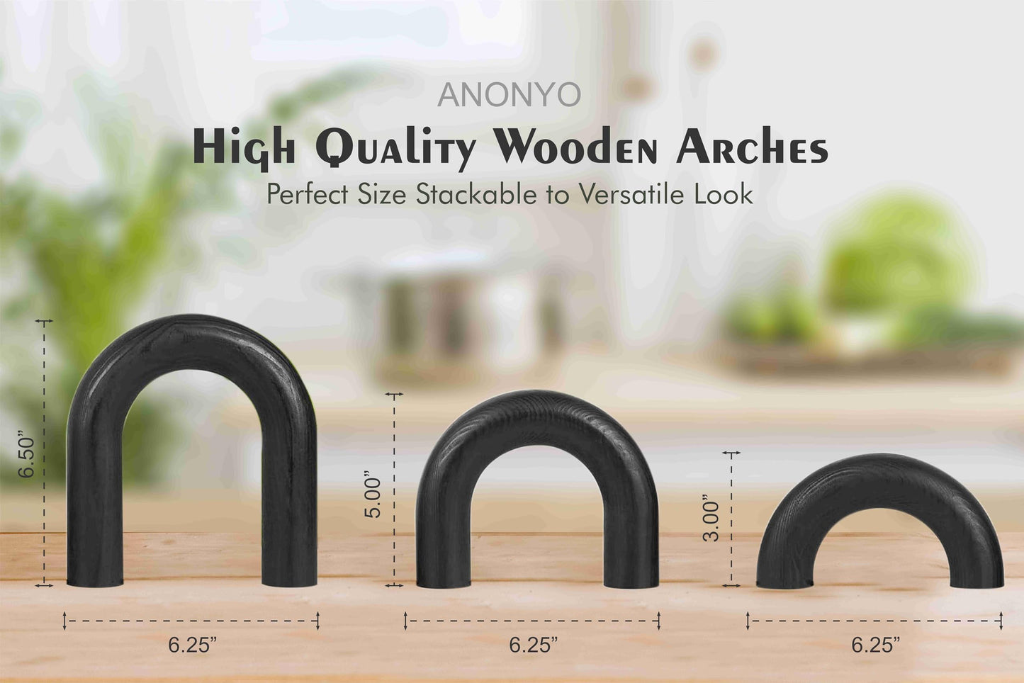 ANONYO 3Pcs Wooden Arches Decorative Object for Coffee Table Boho Shelf Decor Arch Design for japandi Home Aesthetic Shelf Neutral Home Accents (Black Stain)