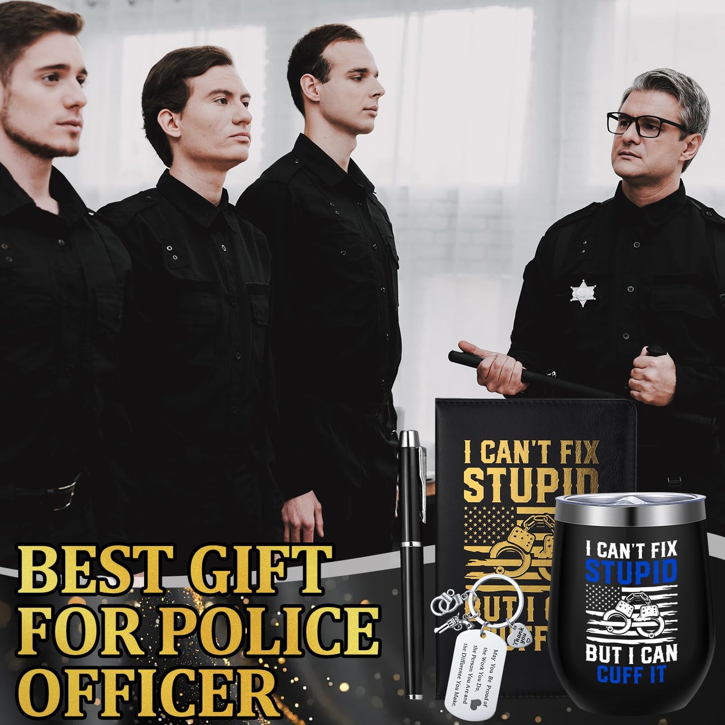 Reallnaive 6 Pcs Police Officer Gifts for Men Law Enforcement Gifts 12 oz Stainless Steel Cup Socks Keychain Pen Notebook Box for Correctional Officer Cop First Responder Policeman Gear Accessories