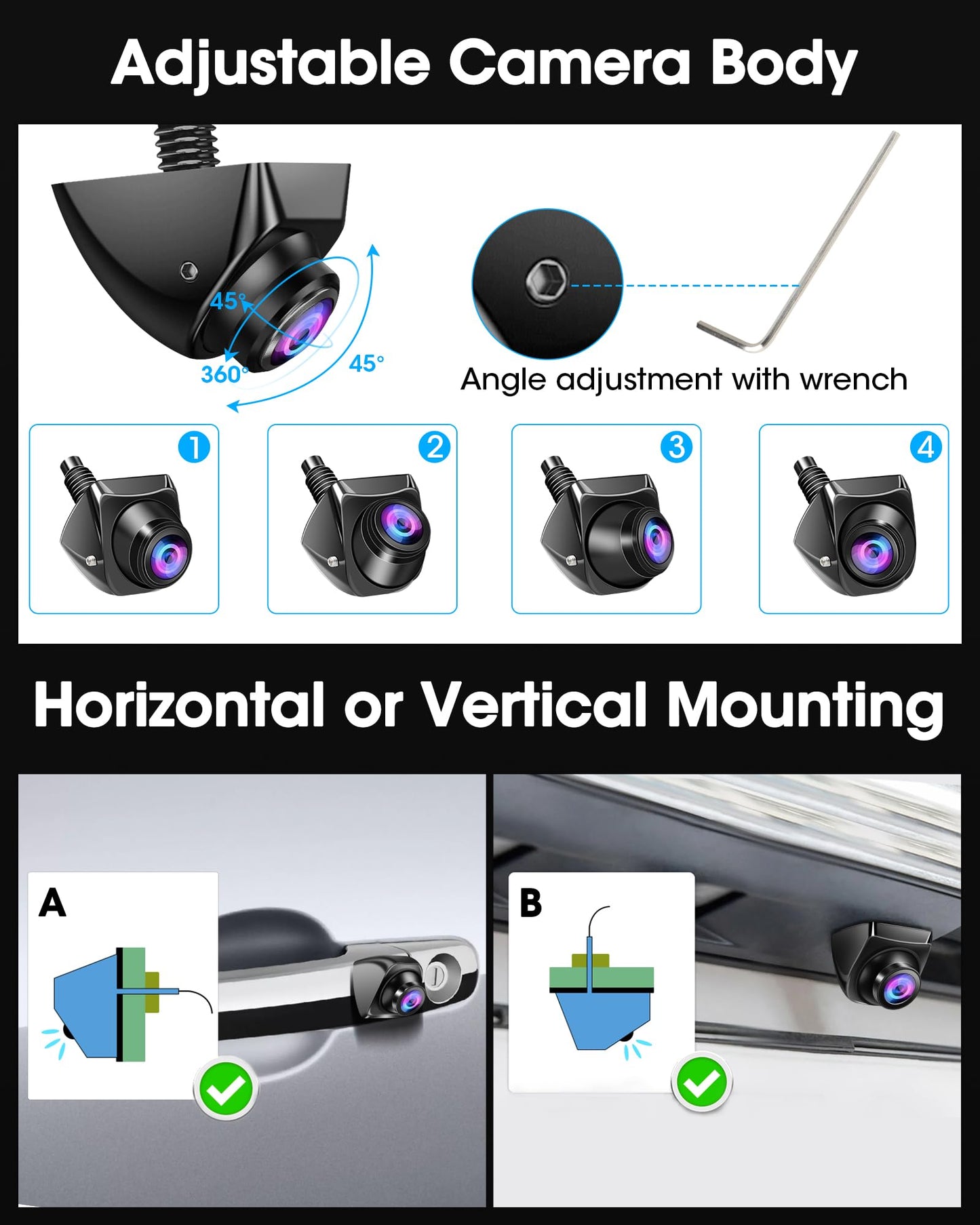 ใ360ยฐRotatableใ AHD 1080P Backup Camera for Car Truck Back Up Camera for Cars RV Front Rear View Reverse Camera Super Night Vision IP69K Waterproof Parking Assist Universal 170ยฐ Wide Angle12V-24V